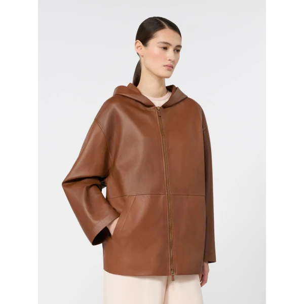 Max Mara Acinoso Nappa Leather Hooded Jacket in Tobacco | Leather Jackets | Coveti