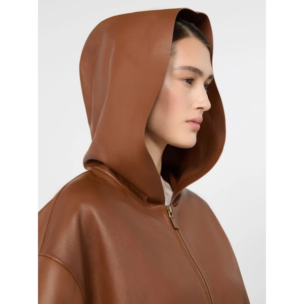 Max Mara Acinoso Nappa Leather Hooded Jacket in Tobacco | Leather Jackets | Coveti