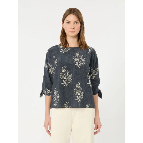 Max Mara Adone Printed Silk Crepe de Chine Blouse in Navy | Blouse | Coveti