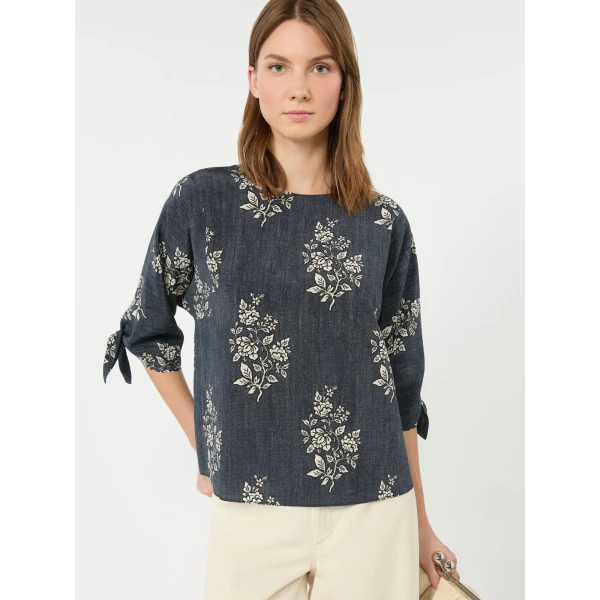 Max Mara Adone Printed Silk Crepe de Chine Blouse in Navy | Blouse | Coveti