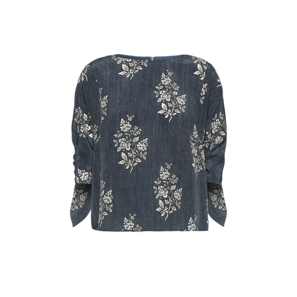 Adone Printed Silk Crepe de Chine Blouse in Navy