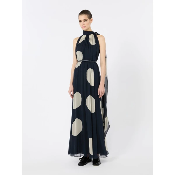 Max Mara Agente Polka Dot Silk Georgette Maxi Dress in Midnight Blue | Maxi Dresses | Coveti