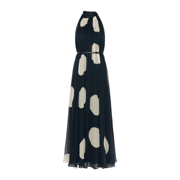 Max Mara Agente Polka Dot Silk Georgette Maxi Dress in Midnight Blue | Maxi Dresses | Coveti