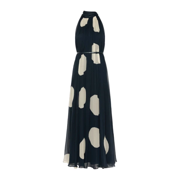 Max Mara Agente Polka Dot Silk Georgette Maxi Dress in Midnight Blue | Maxi Dresses | Coveti