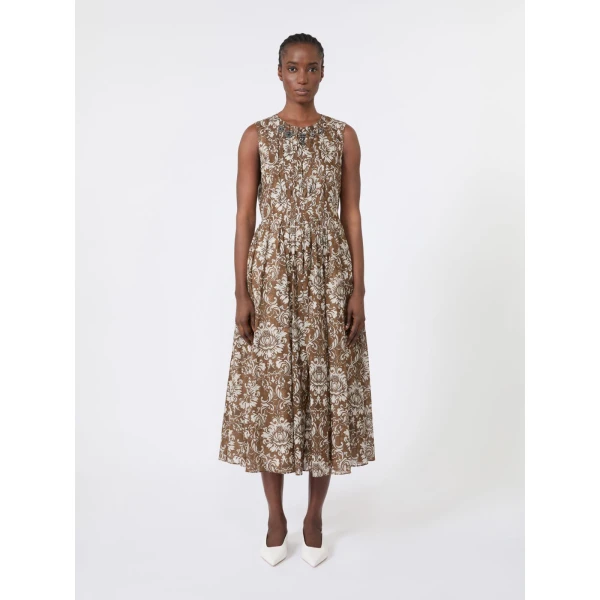 Max Mara Agile Printed Cotton Voile Midi Dress in Brown Gold | Midi Dresses | Coveti
