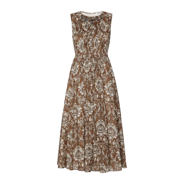 Agile Printed Cotton Voile Midi Dress in Brown Gold