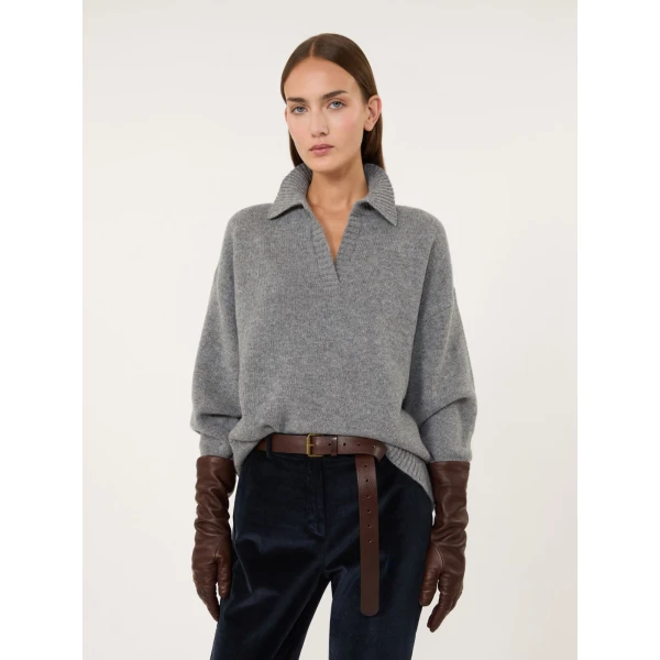 Max Mara Agre Wool Knit Polo Jumper in Medium Grey | Sweaters | Coveti