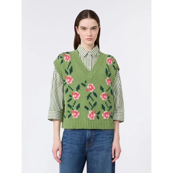 Max Mara Alamaro Intarsia Cotton Blend Gilet in Green | Sweaters | Coveti