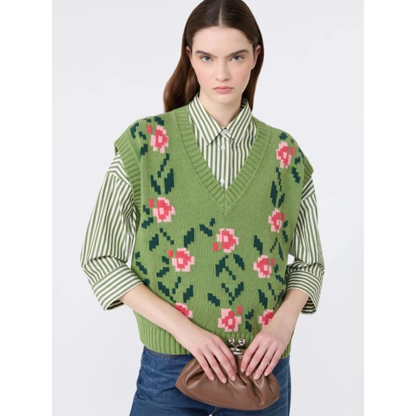 Max Mara Alamaro Intarsia Cotton Blend Gilet in Green | Sweaters | Coveti