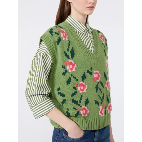 Max Mara Alamaro Intarsia Cotton Blend Gilet in Green | Sweaters | Coveti