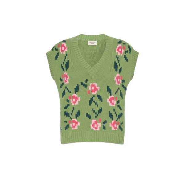 Max Mara Alamaro Intarsia Cotton Blend Gilet in Green | Sweaters | Coveti