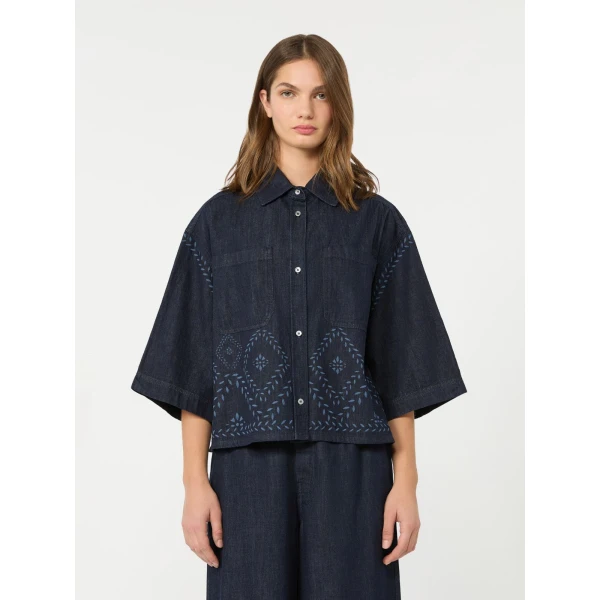 Max Mara Alare Laser Cut Denim Shirt in Navy | Shirts | Coveti