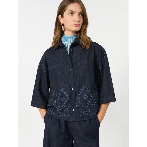Max Mara Alare Laser Cut Denim Shirt in Navy | Shirts | Coveti