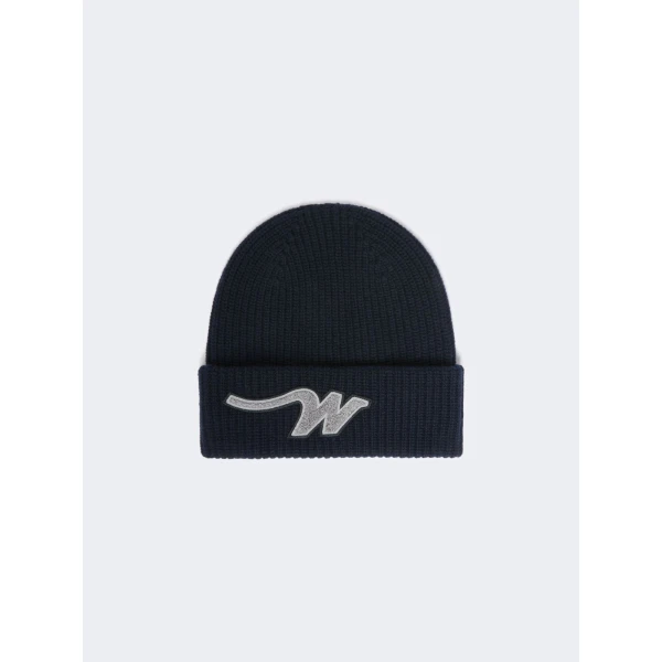 Max Mara Alben Wool W Patch Beanie in Navy | Hats | Coveti