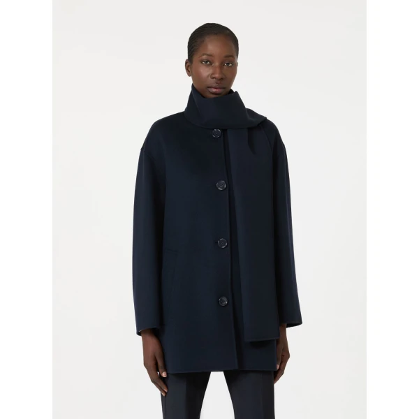 Max Mara Alicia Short Wool Coat with Scarf in Midnight Blue | Wool Coat | Coveti