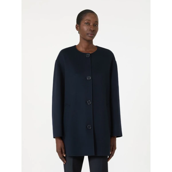 Max Mara Alicia Short Wool Coat with Scarf in Midnight Blue | Wool Coat | Coveti