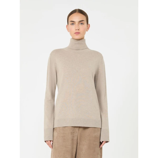 Max Mara Allegra Wool Polo-Neck Sweater with Elbow Patches in Beige | Turtlenecks | Coveti