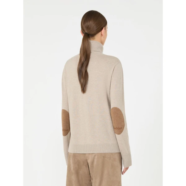 Max Mara Allegra Wool Polo-Neck Sweater with Elbow Patches in Beige | Turtlenecks | Coveti