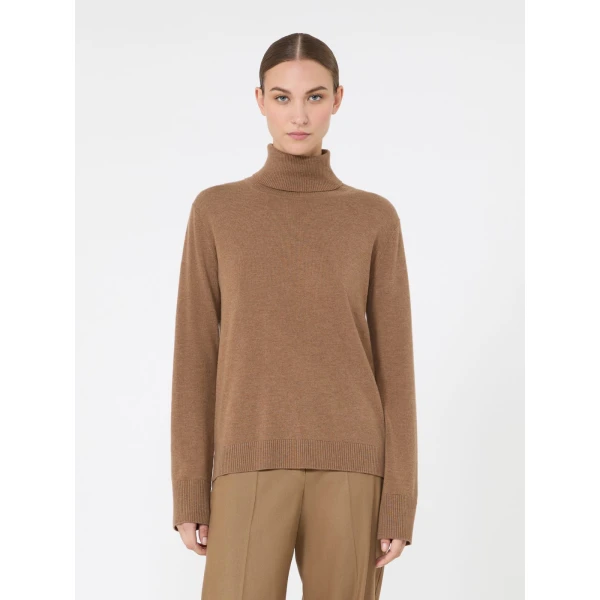 Max Mara Allegra Wool Polo-Neck Sweater with Elbow Patches in Camel | Turtlenecks | Coveti