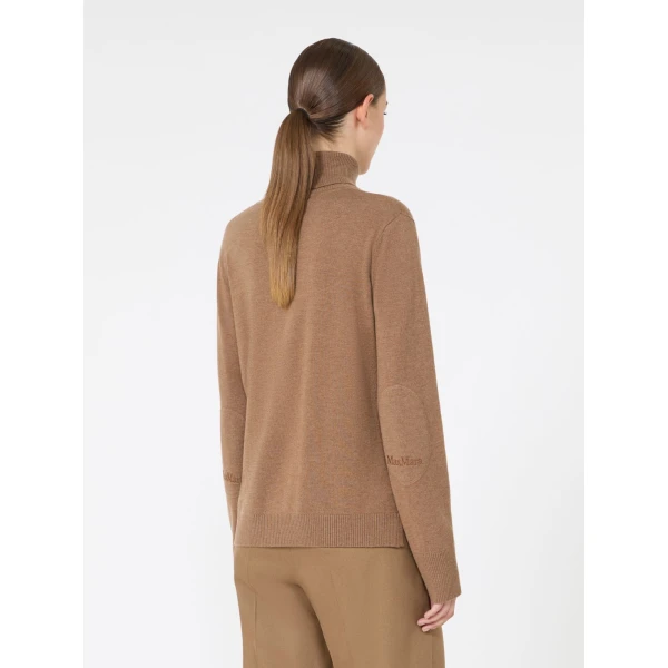 Max Mara Allegra Wool Polo-Neck Sweater with Elbow Patches in Camel | Turtlenecks | Coveti