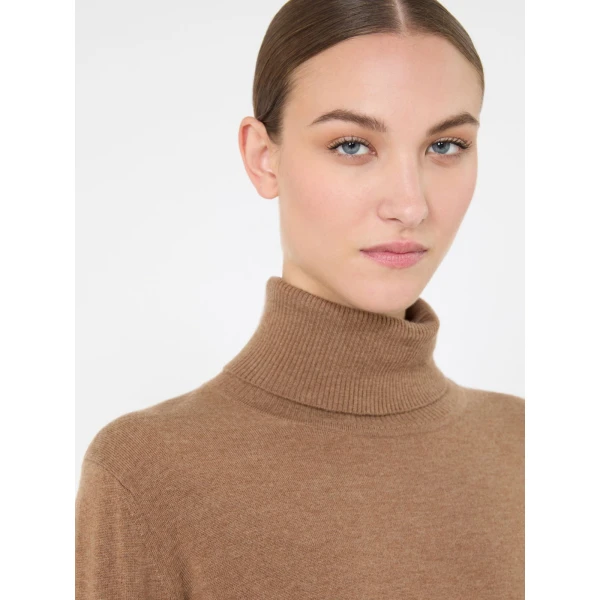 Max Mara Allegra Wool Polo-Neck Sweater with Elbow Patches in Camel | Turtlenecks | Coveti