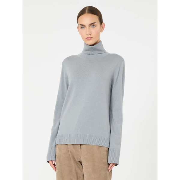 Max Mara Allegra Wool Polo-Neck Sweater with Elbow Patches in Light Blue | Turtlenecks | Coveti