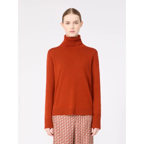 Max Mara Allegra Wool Polo-Neck Sweater with Elbow Patches in Orange | Turtlenecks | Coveti