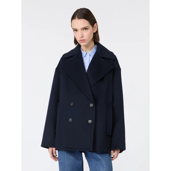 Max Mara Alpe Double-Breasted Wool Pea Coat in Navy | Wool Coat | Coveti