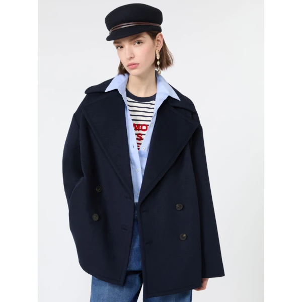Max Mara Alpe Double-Breasted Wool Pea Coat in Navy | Wool Coat | Coveti