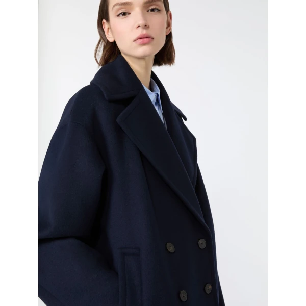 Max Mara Alpe Double-Breasted Wool Pea Coat in Navy | Wool Coat | Coveti