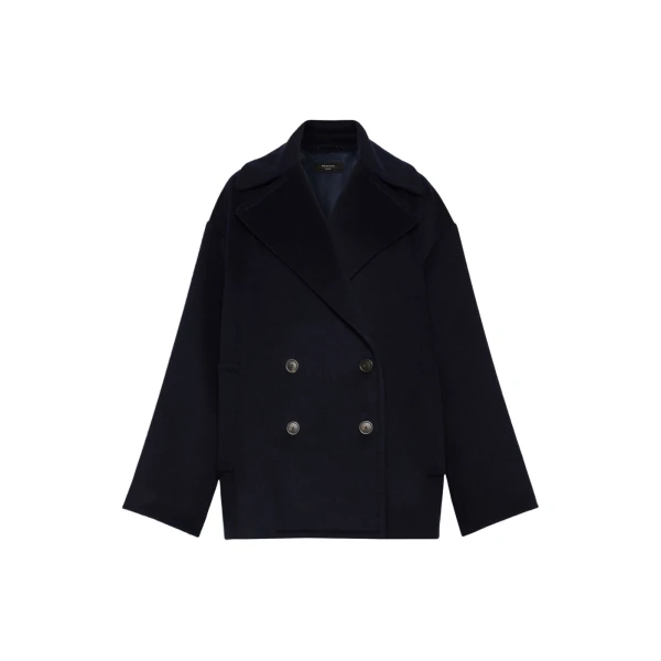 Max Mara Alpe Double-Breasted Wool Pea Coat in Navy | Wool Coat | Coveti