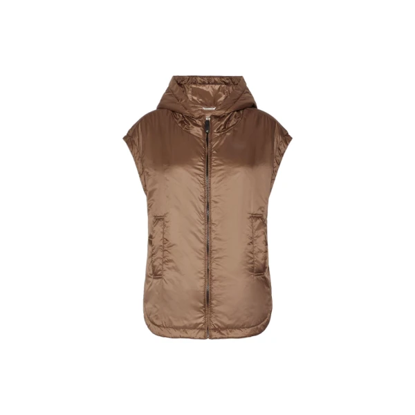 Max Mara Ambra Padded Hooded Water-Repellent Gilet in Mud | Vests | Coveti