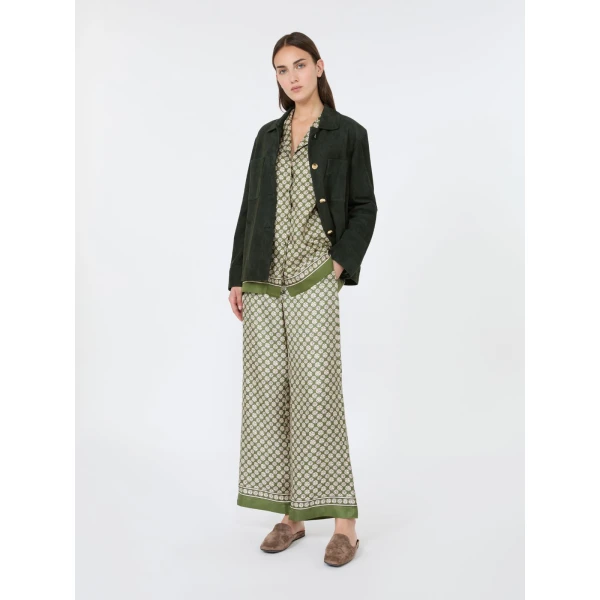 Max Mara Amelia Printed Silk Twill Drawstring Trousers in Khaki | Tailored pants | Coveti