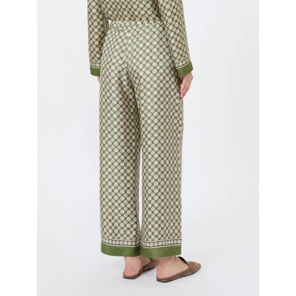 Max Mara Amelia Printed Silk Twill Drawstring Trousers in Khaki | Tailored pants | Coveti