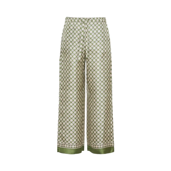 Amelia Printed Silk Twill Drawstring Trousers in Khaki