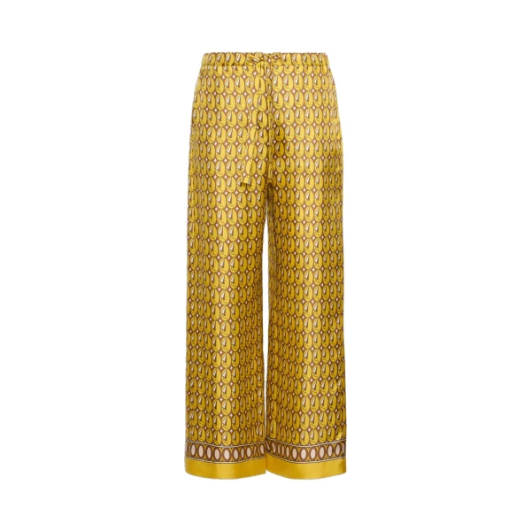 Amelia Printed Silk Twill Drawstring Trousers in Yellow