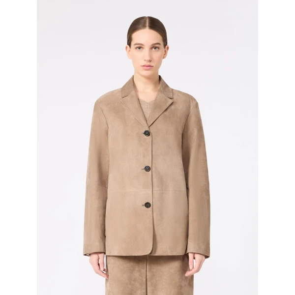 Max Mara Ancora Single-Breasted Suede Jacket in Natural | Leather Jackets | Coveti