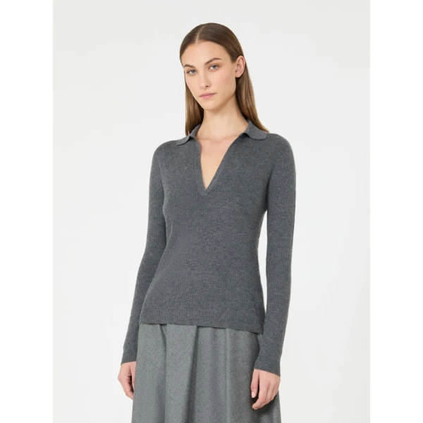 Max Mara Angel Cashmere Yarn Polo Sweater in Dark Grey | Sweaters | Coveti
