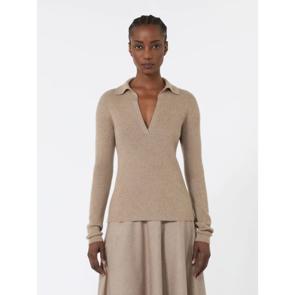 Max Mara Angel Cashmere Yarn Polo Sweater in Sand | Sweaters | Coveti