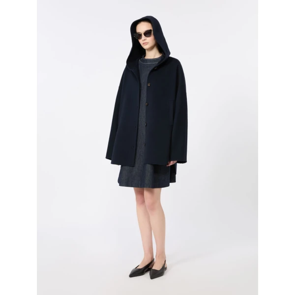 Max Mara Anita Hooded Double Wool Drap Coat in Midnight Blue | Wool Coat | Coveti