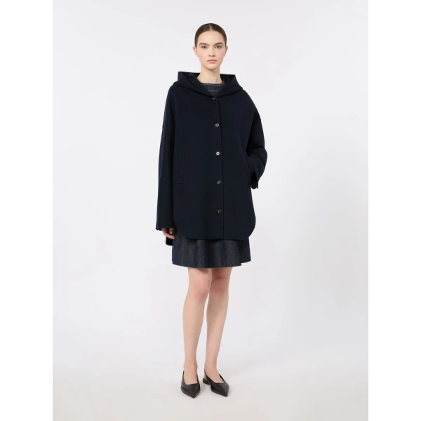 Max Mara Anita Hooded Double Wool Drap Coat in Midnight Blue | Wool Coat | Coveti