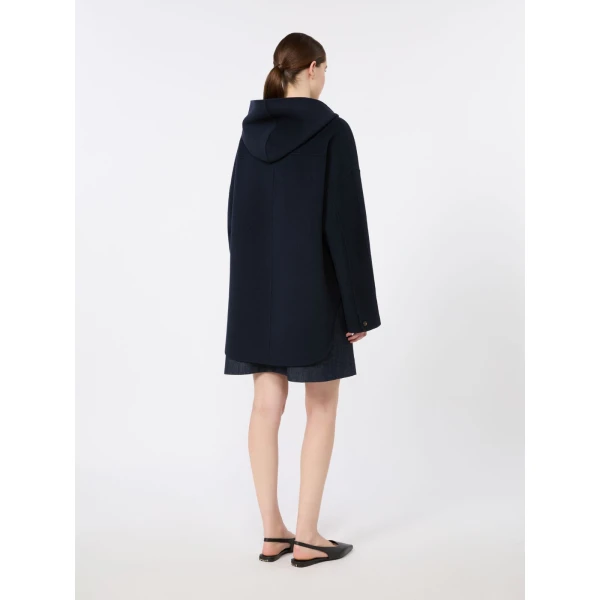 Max Mara Anita Hooded Double Wool Drap Coat in Midnight Blue | Wool Coat | Coveti