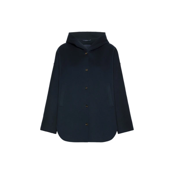 Max Mara Anita Hooded Double Wool Drap Coat in Midnight Blue | Wool Coat | Coveti