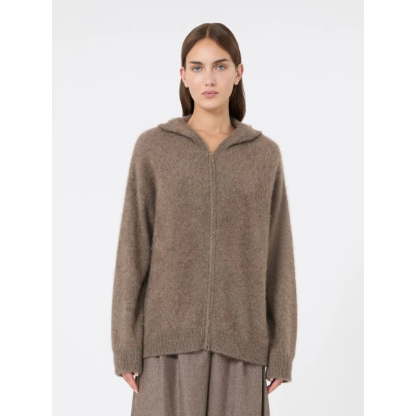 Max Mara Anne Brushed Yak Wool Hooded Cardigan in Beige | Cardigan | Coveti