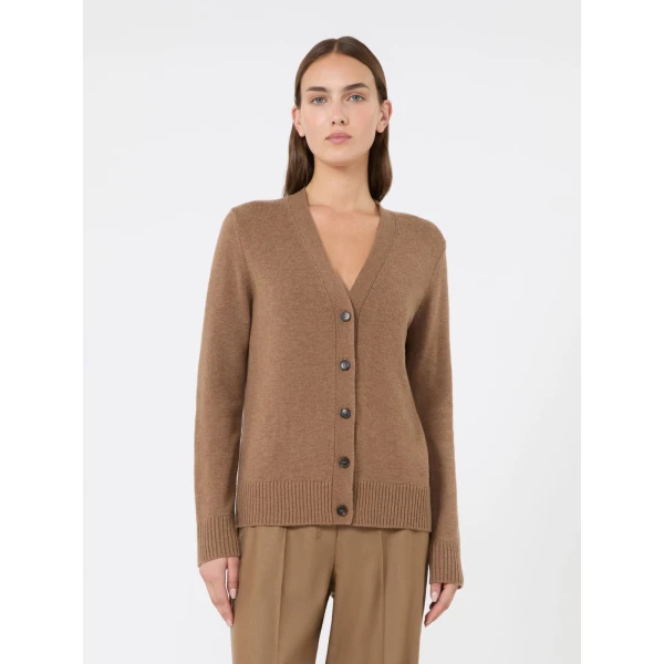 Max Mara Apollo Wool Cardigan with Elbow Patches in Camel | Cardigan | Coveti