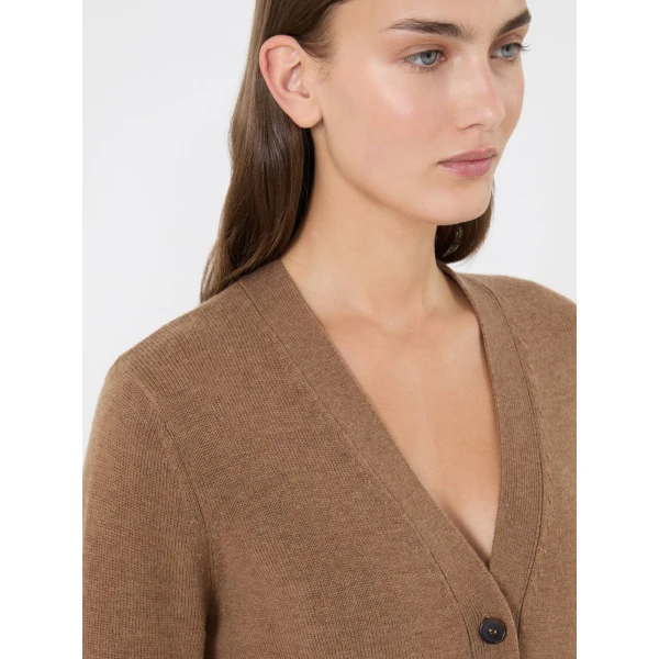 Max Mara Apollo Wool Cardigan with Elbow Patches in Camel | Cardigan | Coveti