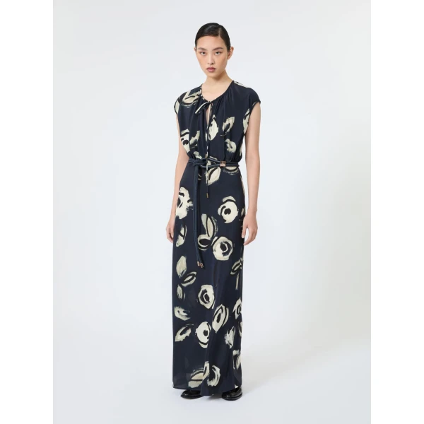 Max Mara Apotema Long Printed Crepe de Chine Dress in Ultramarine | Maxi Dresses | Coveti