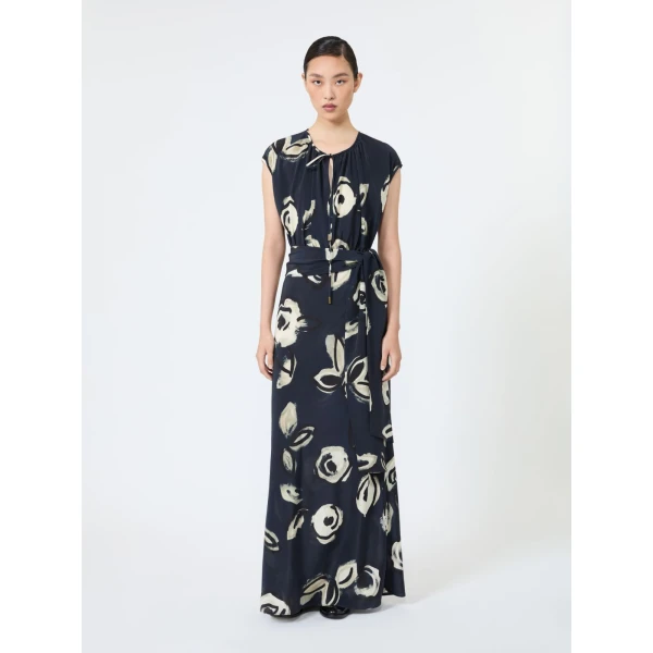 Max Mara Apotema Long Printed Crepe de Chine Dress in Ultramarine | Maxi Dresses | Coveti