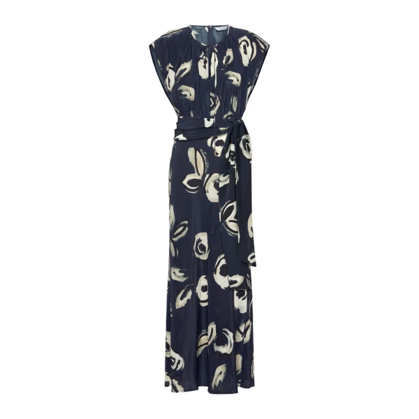 Apotema Long Printed Crepe de Chine Dress in Ultramarine