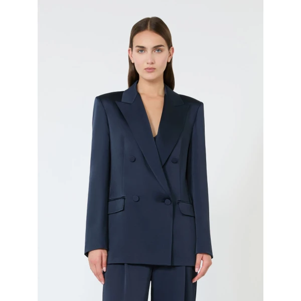 Max Mara Arca Double-Breasted Envers Satin Blazer in Midnight Blue | Blazers | Coveti
